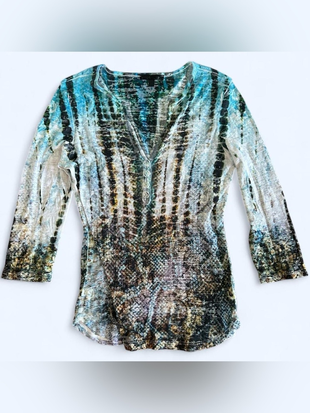 Boho Chik Multicolor Patterned V-neck Tie Dye Henley Top